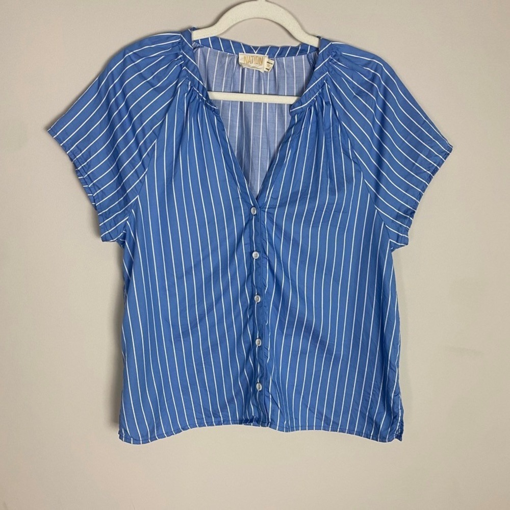 Nation LTD Striped Button Down Top Womens Medium Boxy Pima Cotton Short Sleeves